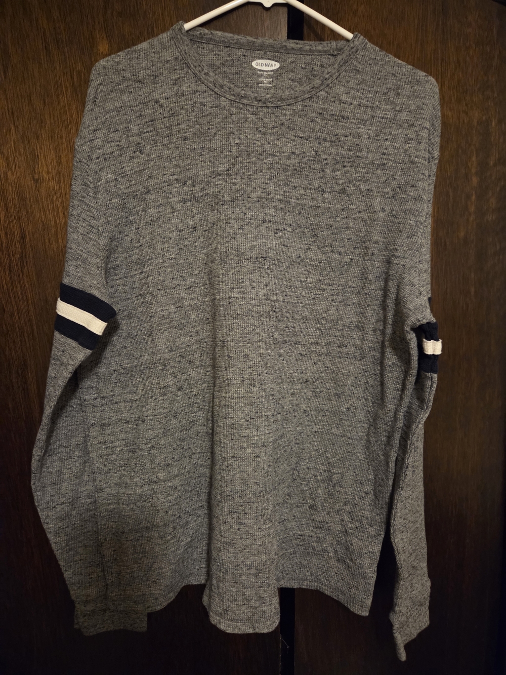 Old Navy Gray Crewneck Sweater with Navy & White Sleeve Stripes